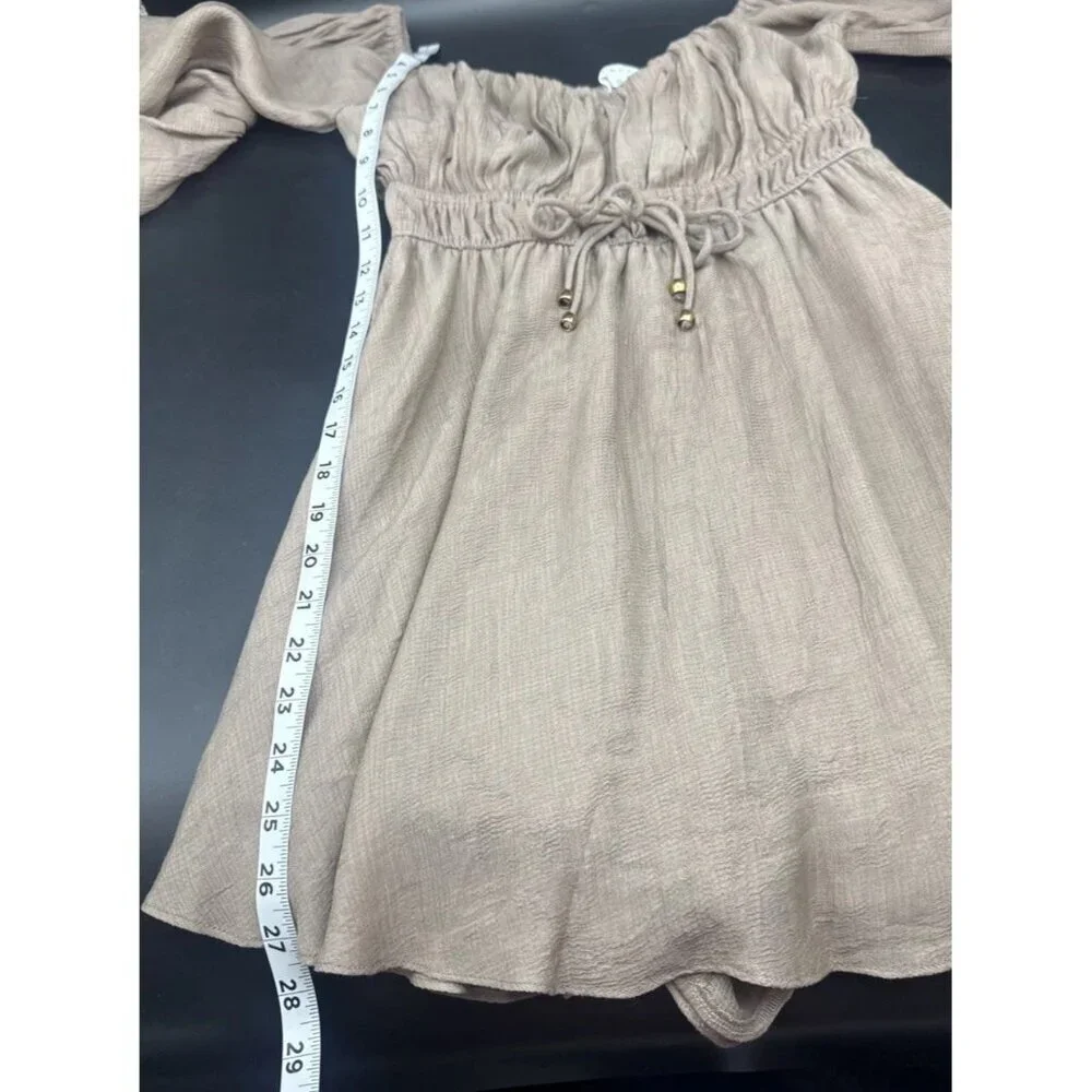 Mable Womens Beige Off Shoulder Puff Sleeve Romper Dress Sz M Boho Beach Peasant